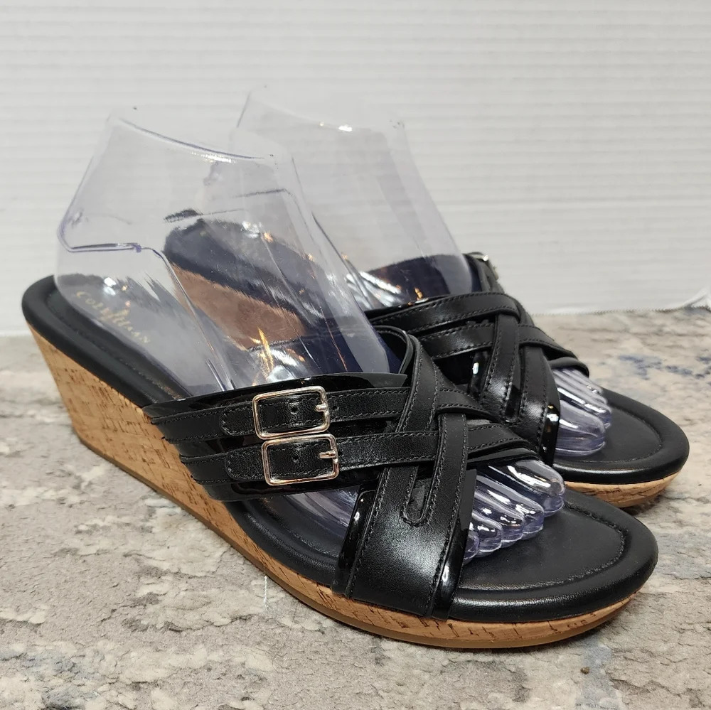 Cole‎ Haan Black Double Buckle Patent Wedge Slide On Sandals size 9.5B